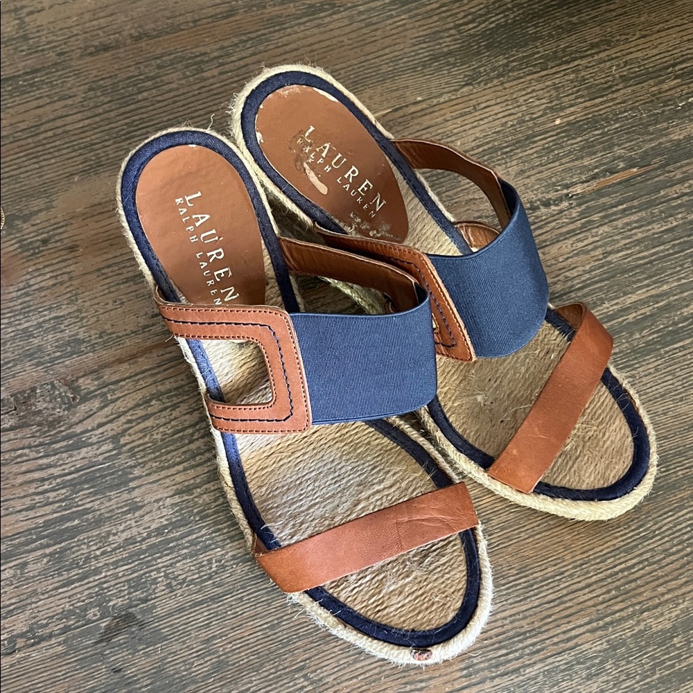 Ralph Lauren Blue and Tan Espadrille Wedge Sandals